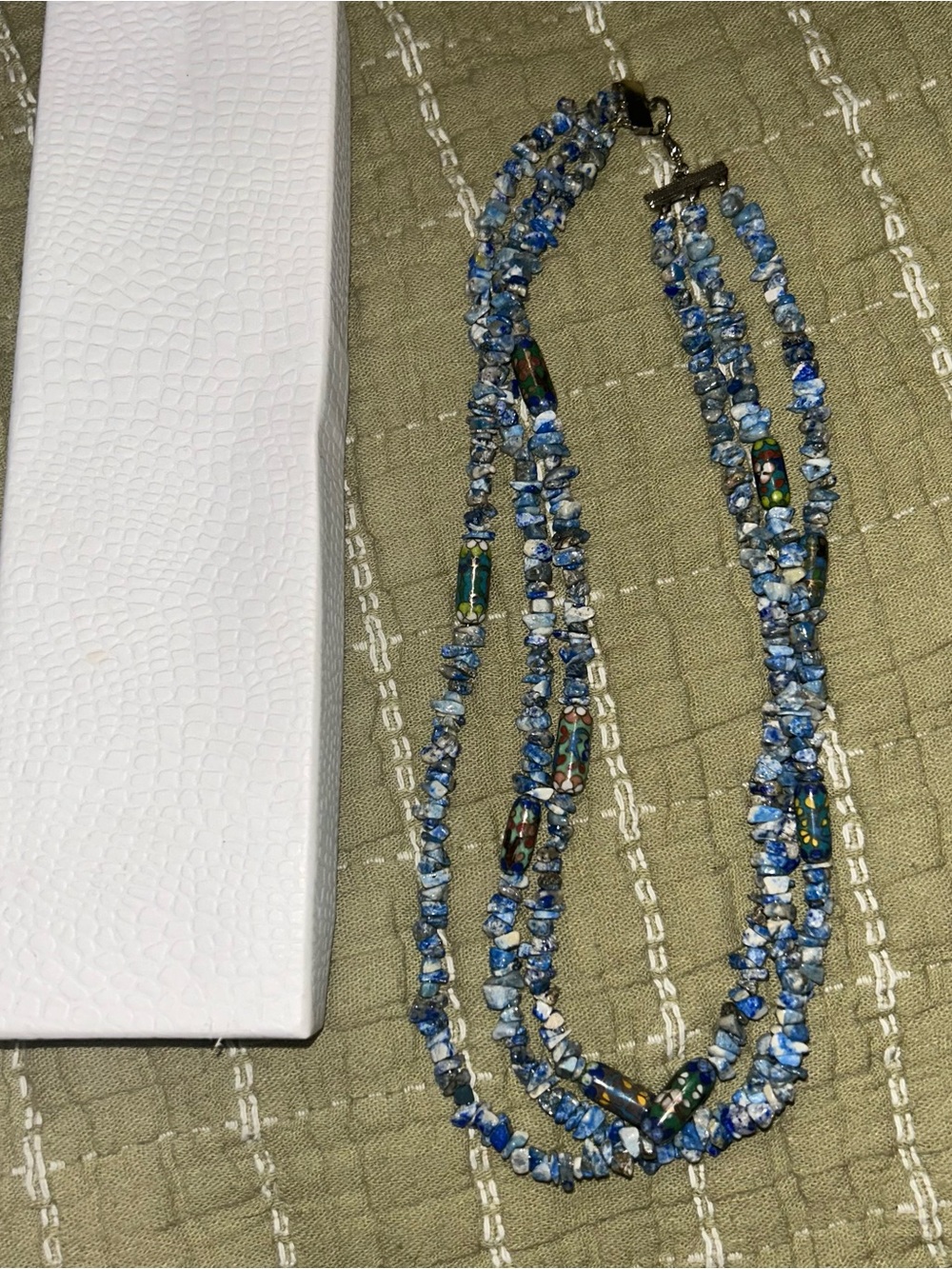 Vintage Style Sodalite Chip 3 Strand Necklace Cloisonné Enamel Beads Blue